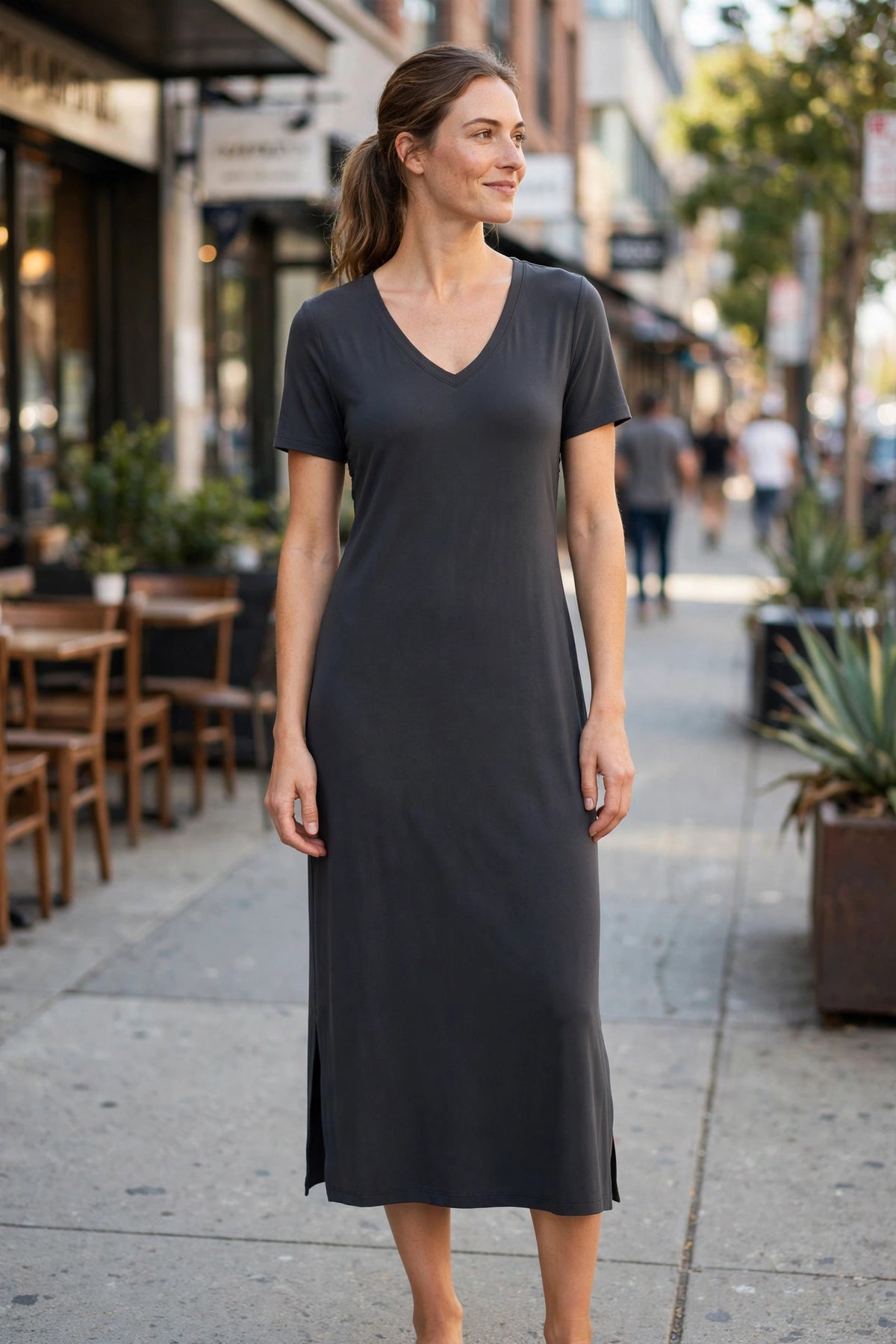 Solstice V-Neck Midi Dress - Charcoal - lifestyle