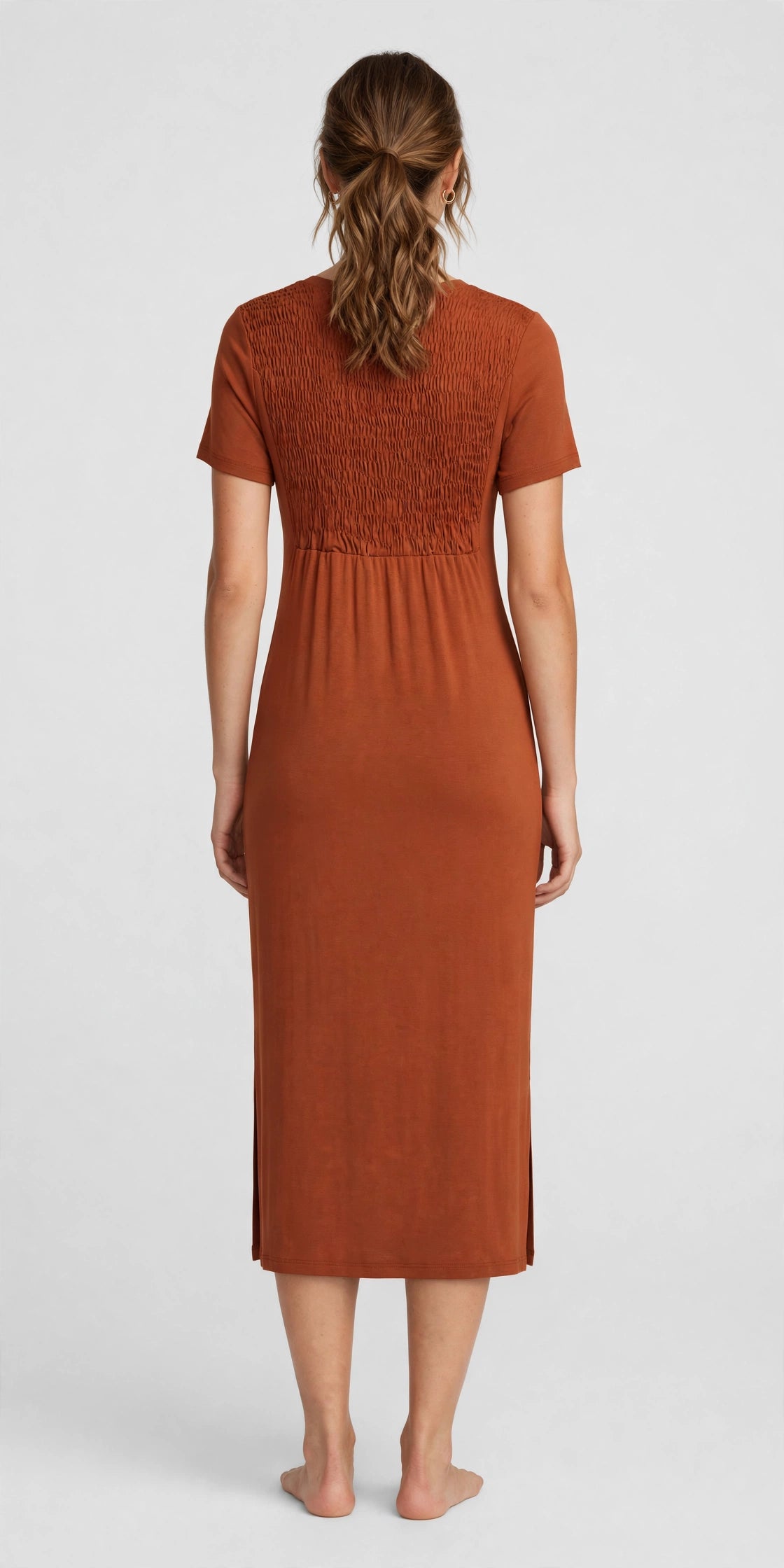 Solstice V-Neck Midi Dress - Rust - back