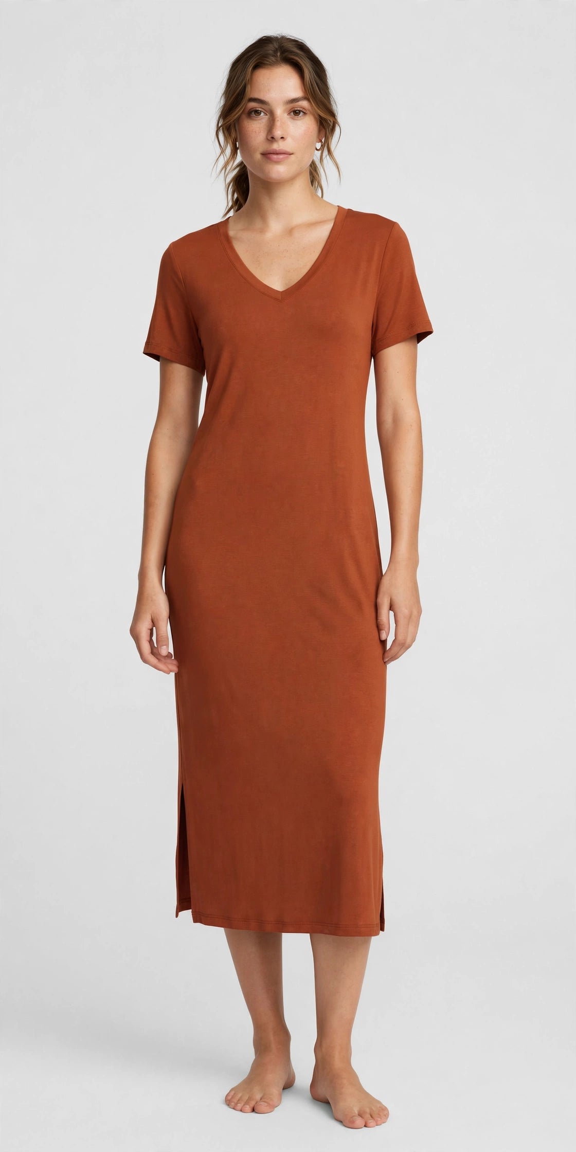 Solstice V-Neck Midi Dress - Rust - front